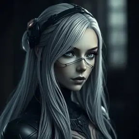 Matte portrait of the beautiful A2 from Nier Automata in dark blue, Highly Detailed, Intricate, Realistic, Sharp Focus, Volumetric Lighting, Fantasy, Elegant