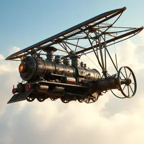 A futuristic hybrid of a steam engine train and a DaVinci flying machine, Steampunk