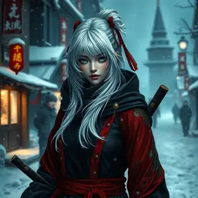 Mysterious beautiful white kunoichi ninja wearing black, red and gold in the streets of a dark snowy town in russia, 8k, Intricate Details, Trending on Artstation, White Hair