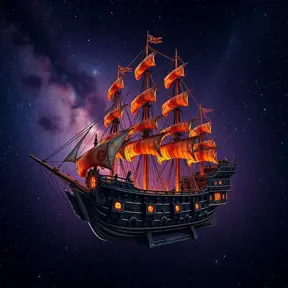 Pirate Ship, Intricate, Ultra Detailed, Symmetry, Beautiful, Sharp Focus, Astrophotography, Centered, Volumetric Lighting by Dan Mumford, Marc Simonetti