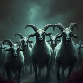 A flock of evil goats monsters, Eldritch, Fantasy, Apocalyptic, Doom, Dreadful, Forbidding, Frightful, Harrowing, Ominous, Shocking, Terrifying, Threatening, Unnerving