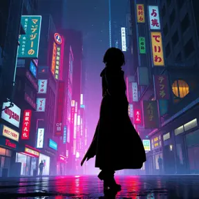 Silhouette of a long trenchcoat in a japanese cyberpunk city at night, 8k, Hyper Detailed, Intricate Details, Trending on Artstation, Epic, Comic, Sharp Focus, Deviantart, Beautifully Lit by Alena Aenami, Studio Ghibli