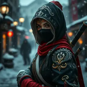 Mysterious beautiful white kunoichi ninja wearing black, red and gold in the streets of a dark snowy town in russia, Intricate Details, Bokeh effect, Photo Realistic, Volumetric Lighting