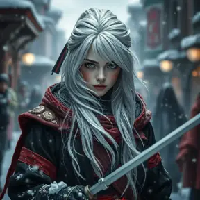 Mysterious beautiful white kunoichi ninja wearing black, red and gold in the streets of a dark snowy town in russia, Intricate Details, White Hair, Photo Realistic by Greg Rutkowski