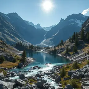 Lake in mountains streams and rivers flow down slopes of mountains and rocks into the valley spring in mountains, 8k, Award-Winning, Highly Detailed, Beautiful, Octane Render, Unreal Engine, Radiant, Volumetric Lighting by Greg Rutkowski