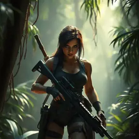 Full body portrait of a beautiful armed Lara Croft emerging from the jungle, Highly Detailed, Intricate, Sharp Focus, Volumetric Lighting, Fantasy, Elegant, Threatening by Beeple