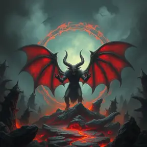 The devil in an Elden ring hellscape, Eldritch, Fantasy, Apocalyptic, Doom, Dreadful, Forbidding, Frightful, Harrowing, Ominous, Shocking, Terrifying, Threatening, Unnerving
