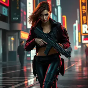 full body shot, armed beautiful woman walking with detailed eyes, dynamic pose, athletic , Cybernatic and Sci-Fi, Cyberpunk, Cityscape, Blade Runner 2049, Neon light effect, Neon, Futurism, Threatening by Stefan Kostic