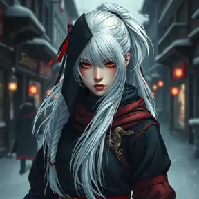 Mysterious beautiful white kunoichi ninja wearing black, red and gold in the streets of a dark snowy town in russia, 8k, Intricate Details, Trending on Artstation, White Hair