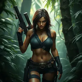 Full body portrait of a beautiful armed Lara Croft emerging from the jungle, Highly Detailed, Intricate, Sharp Focus, Volumetric Lighting, Fantasy, Elegant, Threatening by Greg Rutkowski