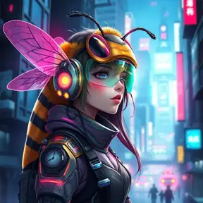 A Cyberpunk half bee and half Human girl with vizor, Cybernatic and Sci-Fi, Cityscape, Bloom light effect, Colorful, Ecstatic, Exciting, Joyful by Stanley Artgerm Lau