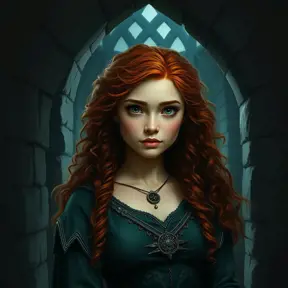 Matte portrait of Disney's Merida of DunBroch inside a castle, Ultra Detailed, Half Body, Beautiful, Matte Painting, Sharp Focus, Portrait, Fantasy by Stefan Kostic