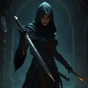 Full body matte portrait of a veiled female Assassin with daggers in a dungeon, Highly Detailed, Gothic and Fantasy, Volumetric Lighting, Fantasy, Threatening by Greg Rutkowski