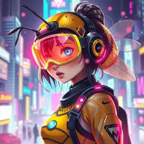 A Cyberpunk half bee and half Human girl with vizor, Cybernatic and Sci-Fi, Cityscape, Bloom light effect, Colorful, Ecstatic, Exciting, Joyful by Stanley Artgerm Lau