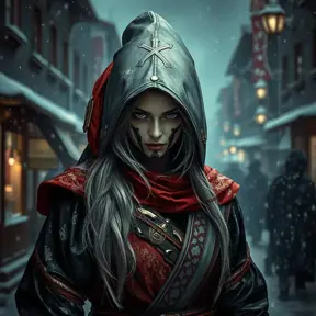 Mysterious beautiful white kunoichi ninja wearing black, red and gold in the streets of a dark snowy town in russia, Intricate Details, Photo Realistic by Greg Rutkowski