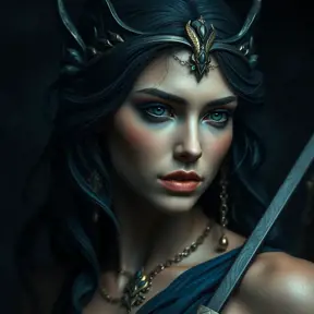 Matte portrait of the beautiful Artemis in dark blue, Highly Detailed, Intricate, Realistic, Sharp Focus, Volumetric Lighting, Fantasy, Elegant by WLOP