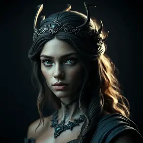 Matte portrait of the beautiful Artemis in dark blue, Highly Detailed, Intricate, Realistic, Sharp Focus, Volumetric Lighting, Fantasy, Elegant