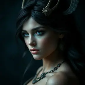 Matte portrait of the beautiful Artemis in dark blue, Highly Detailed, Intricate, Realistic, Sharp Focus, Volumetric Lighting, Fantasy, Elegant