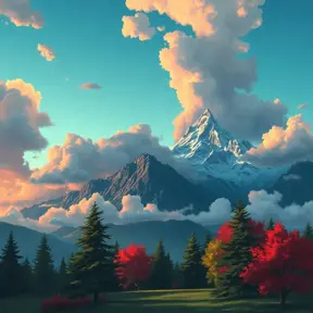painting of evening sky, low thunder clouds foothpath with trees at indian summer with zugspitze fitz roy in background, colours green, red, blue black and white, acuarela, Highly Detailed, Beautiful, Digital Painting, Anime, Fantasy by Studio Ghibli