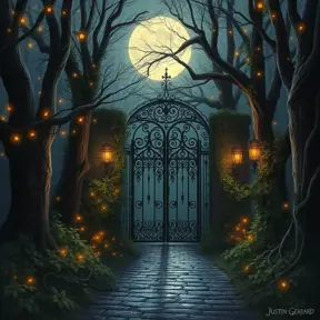 A beautiful digital illustration painting of a detailed gothic fantasy fireflies forest trees and iron gate cobblestone pathway vines full moon, 8k, Artstation, Digital Illustration, Concept Art by Justin Gerard, James Gurney