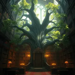 A beautiful giant tree growing in the middle of an ancient victorian library indoors. a door is embedded in the tree, 4k resolution, Hyper Detailed, Pixiv, Trending on Artstation, Vintage Illustration, Hearthstone, Unreal Engine, Volumetric Lighting, Concept Art, Digital Art, Fantasy by Stanley Artgerm Lau, Angela Barrett, WLOP