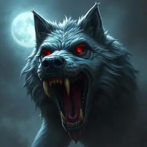 large evil wolf howling, red eyes, big teeth, Eldritch, Fantasy, Apocalyptic, Doom, Dreadful, Forbidding, Frightful, Harrowing, Ominous, Shocking, Terrifying, Threatening, Unnerving