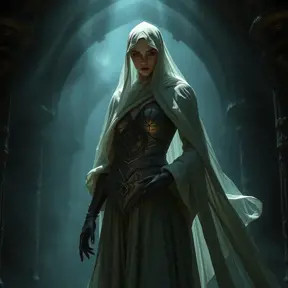 Full body portrait of a beautiful veiled armed female wraith in a dungeon, Gothic and Fantasy, Volumetric Lighting, Fantasy, Threatening by Greg Rutkowski