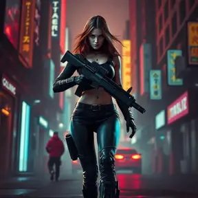 full body shot, armed beautiful woman walking with detailed eyes, dynamic pose, athletic , Cybernatic and Sci-Fi, Cyberpunk, Cityscape, Blade Runner 2049, Neon light effect, Neon, Futurism, Threatening