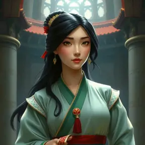 Matte portrait of Disney's Mulan inside a castle, Ultra Detailed, Half Body, Beautiful, Matte Painting, Sharp Focus, Portrait, Fantasy by Stanley Artgerm Lau