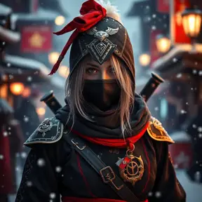 Mysterious beautiful white kunoichi ninja wearing black, red and gold in the streets of a dark snowy town in russia, Intricate Details, Bokeh effect, Photo Realistic, Volumetric Lighting