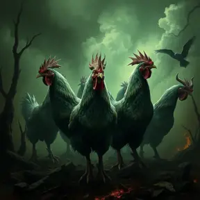 evil chickens of doom, Eldritch, Fantasy, Apocalyptic, Doom, Dreadful, Forbidding, Frightful, Harrowing, Ominous, Shocking, Terrifying, Threatening, Unnerving