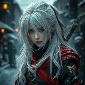 Mysterious beautiful white kunoichi ninja wearing black, red and gold in the streets of a dark snowy town in russia, Intricate Details, White Hair, Photo Realistic by Greg Rutkowski