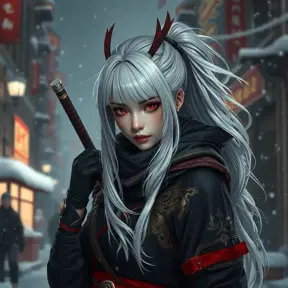 Mysterious beautiful white kunoichi ninja wearing black, red and gold in the streets of a dark snowy town in russia, 8k, Intricate Details, Trending on Artstation, White Hair by Greg Rutkowski