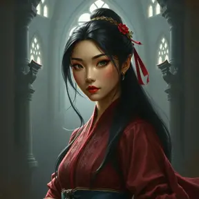 Matte portrait of Mulan inside a castle, Ultra Detailed, Half Body, Beautiful, Matte Painting, Sharp Focus, Portrait, Fantasy by Stanley Artgerm Lau