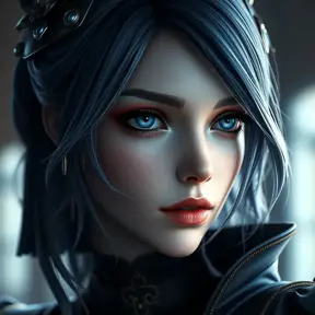 Matte portrait of the beautiful 2B from Nier Automata in dark blue, Highly Detailed, Intricate, Realistic, Sharp Focus, Volumetric Lighting, Fantasy, Elegant