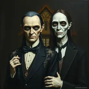 American Gothic with Gomez and Morticia Addams, Intricate Artwork, Intricate Details, Half Body, Beautiful, Matte Painting, Sharp Focus, Portrait, Fantasy, Threatening by Stefan Kostic