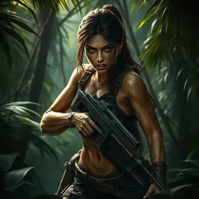 Full body portrait of a beautiful armed Lara Croft emerging from the jungle, Highly Detailed, Intricate, Sharp Focus, Volumetric Lighting, Fantasy, Elegant, Threatening by Greg Rutkowski