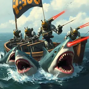 Six robots on a boat with harpoons, battling sharks with lasers strapped to their heads, Highly Detailed, Steampunk by Stanley Artgerm Lau