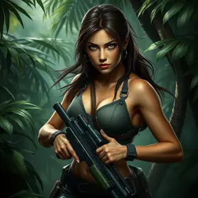 Full body portrait of a beautiful armed Lara Croft emerging from the jungle, Highly Detailed, Intricate, Sharp Focus, Volumetric Lighting, Fantasy, Elegant, Threatening by Stanley Artgerm Lau