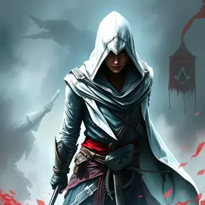 White hooded Assassin's Creed female assassin emerging from the fog of battle, Highly Detailed, Vibrant Colors, Ink Art, Fantasy, Dark by Stanley Artgerm Lau