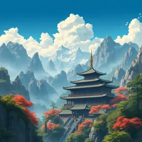 landscape of a large chinese temple in the tall mountains, Highly Detailed, Beautiful, Digital Painting, Anime, Fantasy by Studio Ghibli