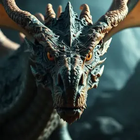 Closeup portrait of a fierce dragon in a fantasy world of dragons, Highly Detailed, Sharp Focus, Volumetric Lighting