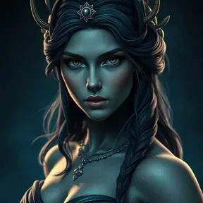 Matte portrait of the beautiful Artemis in dark blue, Highly Detailed, Intricate, Realistic, Sharp Focus, Volumetric Lighting, Fantasy, Elegant