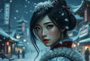 Mulan in a snowy tokyo town at night, Intricate Artwork, Intricate Details, Half Body, Beautiful, Matte Painting, Sharp Focus, Portrait, Fantasy, Threatening by Stefan Kostic