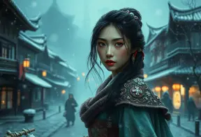 Mulan in a snowy tokyo town at night, Intricate Artwork, Intricate Details, Half Body, Beautiful, Matte Painting, Sharp Focus, Portrait, Fantasy, Threatening by Greg Rutkowski