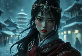 Mulan in a snowy tokyo town at night, Intricate Artwork, Intricate Details, Half Body, Beautiful, Matte Painting, Sharp Focus, Portrait, Fantasy, Threatening by Greg Rutkowski