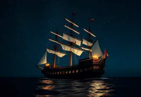 Pirate Ship in high seas on a dark starry night, Intricate, Ultra Detailed, Symmetry, Beautiful, Sharp Focus, Astrophotography, Centered, Volumetric Lighting