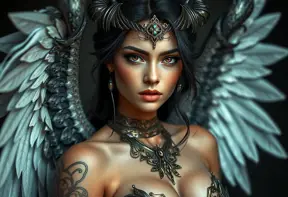 Alluring matte portrait of a beautiful Nidalee with wings, 8k, Highly Detailed, Intricate, Half Body, Realistic, Sharp Focus, Volumetric Lighting, Fantasy, Elegant by Stanley Artgerm Lau, WLOP