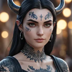 Close up of Morgana with tattoos, 8k, Highly Detailed, Artstation, Bokeh effect, Sharp Focus, Volumetric Lighting, Concept Art by Stanley Artgerm Lau, Greg Rutkowski