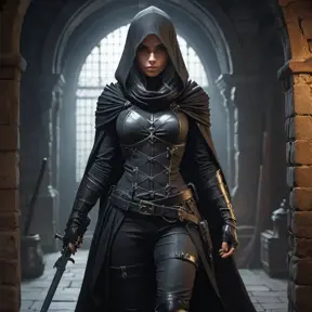 Full body matte portrait of a beautiful veiled armed female Assassin in a dungeon, Gothic and Fantasy, Volumetric Lighting, Fantasy, Threatening by Stanley Artgerm Lau